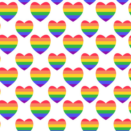 LGBTQ seamless pattern with rainbow hearts on white background in flat vector style. LGBT pride community monthのイラスト素材