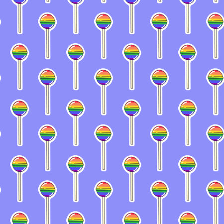 LGBTQ seamless pattern with rainbow lollipop on purple background in flat vector style. LGBT pride community monthのイラスト素材