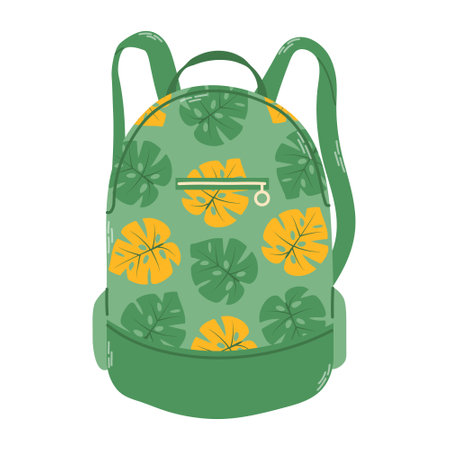 Isolated summer travel green bagpack with floral pattern in flat hand drawn vector style on white background. Stylish modern design.のイラスト素材