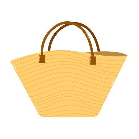 Isolated summer female straw bag in flat hand drawn vector style on white background. Stylish modern design.のイラスト素材