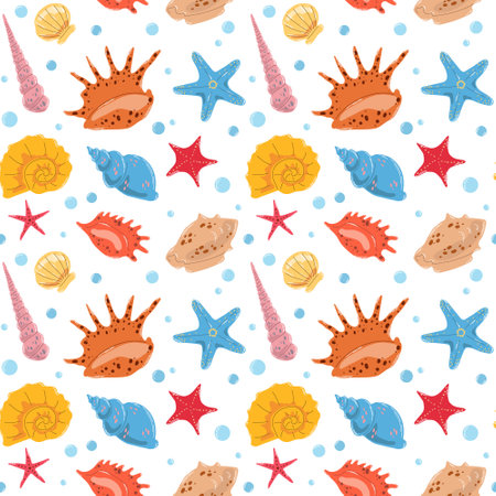 Summer seamless pattern with colorful different seashells and starfishes in flat hand drawn vector style. For design, background, textile, wallpaper, packagingのイラスト素材