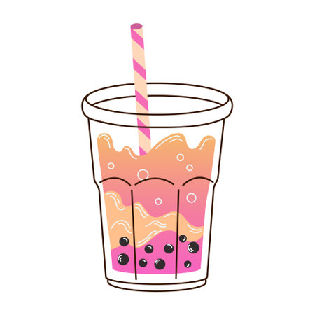 Cup of pink orange bubble tea with stick and tapioca in flat style isolated on white background. For print, design, posterのイラスト素材