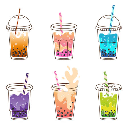 Set colorful glasses of bubble milk tea with sticks and tapioca in flat style isolated on white background. For print, design, posterのイラスト素材