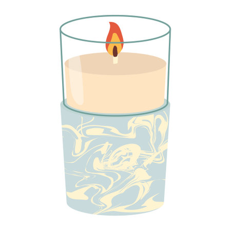 Isolated cartoon candle with flame in ceramic blue candleholder. Modern decoration for home interior, spa, relax. Flat vector illustration on white backgroundのイラスト素材