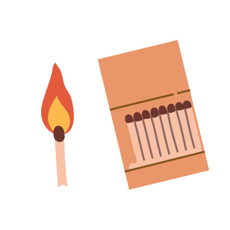 Isolated burn matchstick with flame and opened matchbox in flat style on white backgroundのイラスト素材