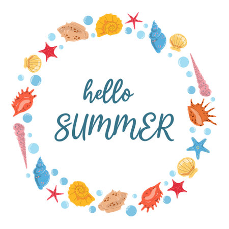 Round frame with text Hello summer and colorful seashells, starfishes, mollusk, bubbles in flat style on white backgroundのイラスト素材