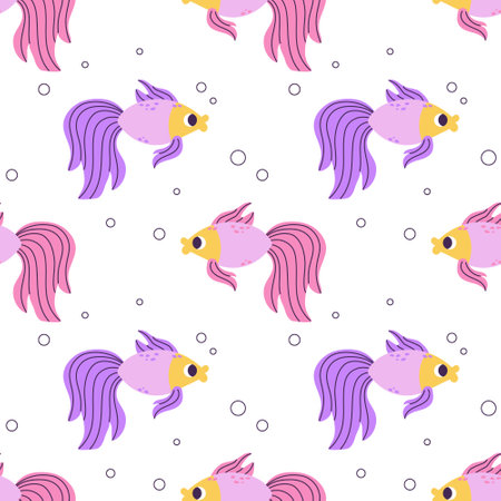 Colorful seamless pattern with purple pink goldfish and bubbles in flat hand drawn style. For design, textile, backgroundのイラスト素材