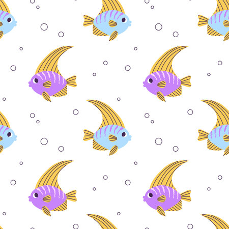 Colorful seamless pattern with blue purple angelfish and bubbles in flat hand drawn style. For design, textile, backgroundのイラスト素材