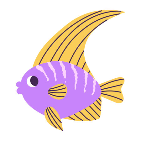 Isolated cartoon purple marine angelfish with stripes in hand drawn flat style on white background.のイラスト素材