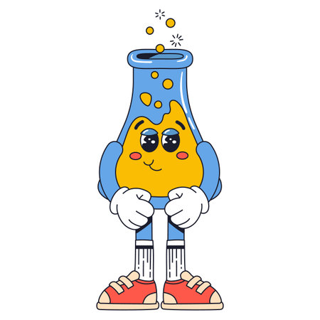 Isolated groovy character chemical flask in gloves in flat retro classic cartoon style of 60s 70s on white background. Illustration for your design, print, card, poster, stickersのイラスト素材