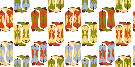 Seamless pattern with hand drawn colorful cowboy boots on white background in flat cartoon style. wild west concept. For background, packaging, textileのイラスト素材