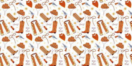 Seamless pattern with hand drawn colorful cowboy clothes on white background in flat cartoon style. Boots, bandana, hat, lasso, gun, chaps. wild west concept. For background, packaging, textileのイラスト素材