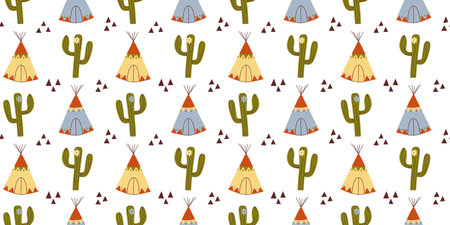 Seamless pattern with hand drawn cactus, wigwam, abstract triangles on white background in flat cartoon style. wild west concept. For background, packaging, textileのイラスト素材