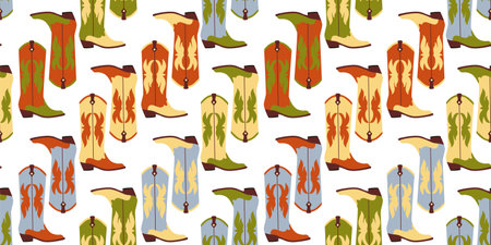 Seamless pattern with hand drawn colorful cowboy boots on white background in flat cartoon style. wild west concept. For background, packaging, textileのイラスト素材
