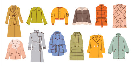 Set colorful different outerwear in flat style isolated on white background. female clothing. Raincoat, down jacket, jacket, sheepskin coat, quilted vest, trench coat, bomber jacket with pockets.のイラスト素材