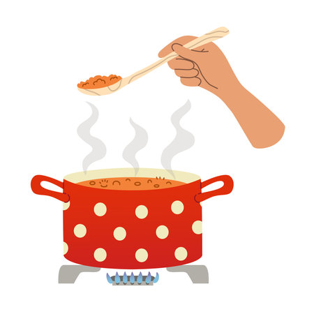 Hand hold spoon with food. Meal cooked in saucepan on a gas stove. Home cooking food process. Colorful flat vector illustration.のイラスト素材