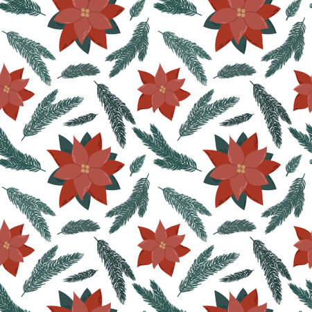 Seamless pattern of Christmas poinsettia and branches of christmas tree on white backgroundのイラスト素材