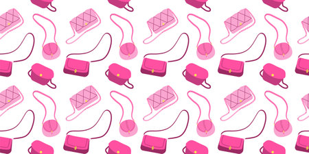 Seamless pattern with glamorous trendy pink different female bags. Flat vector illustration on white background. Nostalgic Pinkcore 2000s style collection. Valentines day.のイラスト素材