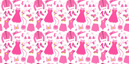 Seamless pattern with glamorous trendy pink clothing, cosmetics, accessories, shoes. Flat vector illustration on white background. Nostalgic Pinkcore 2000s style collection. Valentines day.のイラスト素材