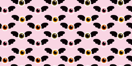 Seamless pattern devils eye with wings on pink background for Halloween in flat vector styleのイラスト素材