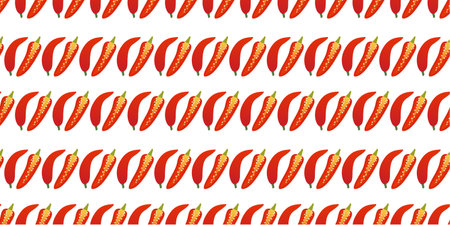 Seamless pattern different shapes red chili pepper in flat vector style on white background. For print, textile, background, wrapper.のイラスト素材