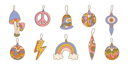 Set isolated groovy hippie Christmas toys in retro style 60s 70s. Flat vector illustration. Festive Christmas decoration. For decoration invitation, banner, stickers, cardのイラスト素材