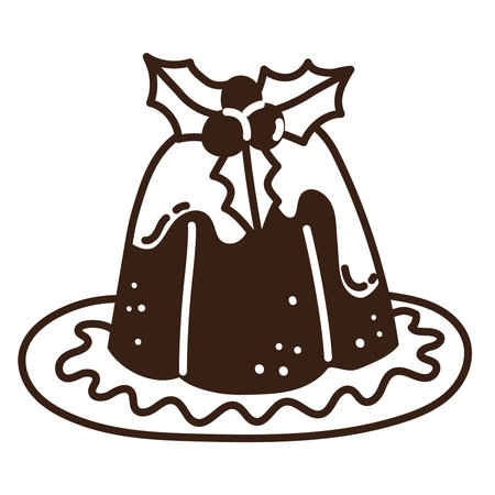 Isolated hand drawn doodle Christmas cake on the plate. Flat black white vector illustration on...