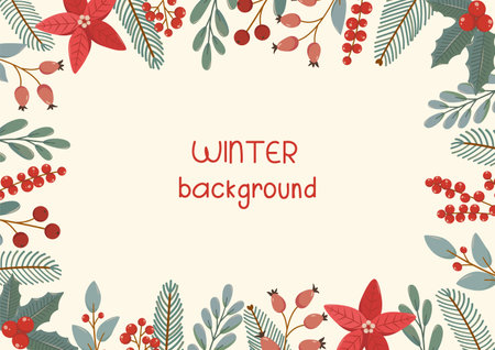Christmas winter rectangular frame on white background in flat vector style. Hand drawn christmas tree branches, poinsettia, berries, holly. Holiday seasonal floral decoration.のイラスト素材