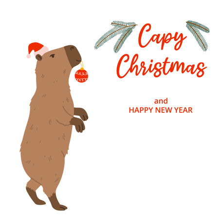 Winter square festive card on white background. Capybara, tree, ball, red hat and text Capy Christmas. Hand drawn flat vector style. Holiday seasonal decoration.のイラスト素材