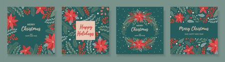 Set four winter festive cards on green background with Christmas text in flat vector style. Hand drawn christmas tree branches, poinsettia, red berries, mistletoe. Holiday seasonal floral decorationのイラスト素材