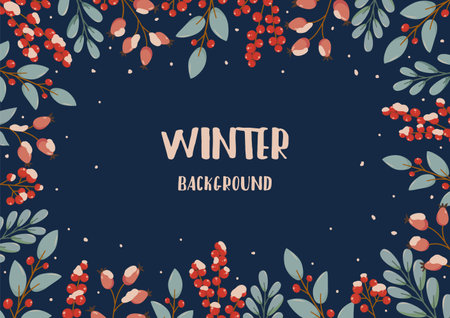 Rectangular festive banner on blue with text Winter background in flat vector style. Hand drawn berries ilex, mistletoe and snow. Holiday seasonal floral decoration.のイラスト素材