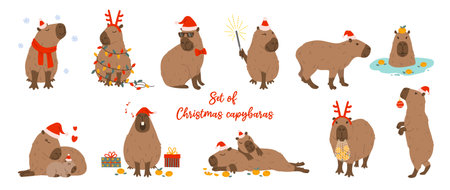 Set cute christmas capybaras in different poses and christmassy items. Hand drawn cartoon flat vector style. Holiday seasonal decoration for design, kids collection, stickersのイラスト素材