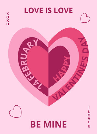 Geometric poster with big heart and typography. Bauhaus style. Creative concept of Happy Valentines Day. Trendy design for card or poster, advertising, sales, branding.のイラスト素材