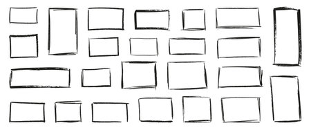 Set black outline frames isolated on white background. Hand drawn various doodle boxes with grunge crayon texture contour. Empty for text. Flat vector illustrationのイラスト素材