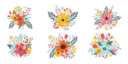 Set isolated beautiful spring or summer bouquets. Cute hand drawn flat vector flowers, leaves, berries. Design elements for decoration greeting card, poster, wedding invitation.のイラスト素材