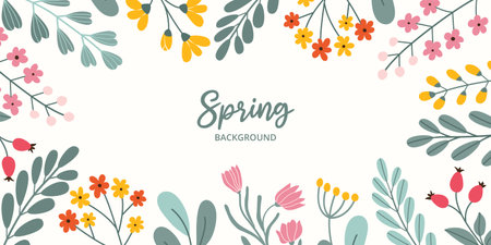 Spring rectangular festive banner on white background with place for text in flat vector style. Hand drawn blossom flowers, branches, berries. Holiday seasonal floral decoration.のイラスト素材