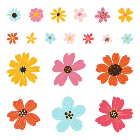 Collection isolated different colorful hand drawn heads of flower in flat vector style.のイラスト素材