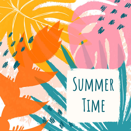 Summer square greeting card with risography and typography. Tropic leaves and flowers in hand drawn...