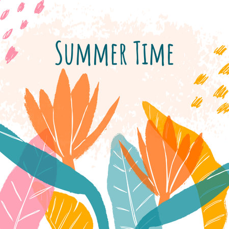 Summer square celebration card with blossom of strelitzia, leaves, scribbles and text. Grunge texture and overlay effect. Template for social media, banner, cover, poster.のイラスト素材