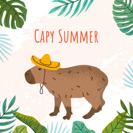 Celebration card with capybara in hat and text Capy Summer. Cute illustration with grunge texture effect. Summer concept. For print, social media, poster, cover.のイラスト素材