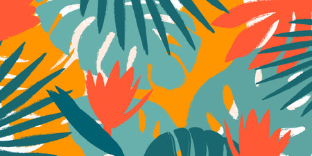 Summer tropical background with abstract hand drawn leaves and flowers. Grunge textured palm leaf,...