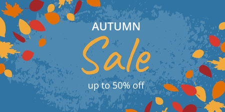Discount banner with blue textured background and typography. Abstract hand drawn red, yellow and orange autumn leaves. Rough edges. Template for wallpaper, cover, label, advertising, webのイラスト素材