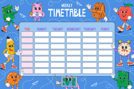 Back to school planner. Template weekly timetable, printable educational schedule for kids, students. Time and days of the week column with cute groovy characters.のイラスト素材