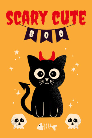 Halloween vertical poster with funny black cat with horns of devil, skulls and text Scary cute. Flat vector illustration. Trendy template with noise texture for card, invitation, cover, label, banner.のイラスト素材