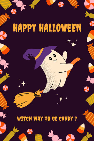 Halloween poster with cute ghost in hat and on broom, candies and typography. Multicolored illustration in flat style. Contemporary artistic design with texture for card, invitation, banner, cover.のイラスト素材