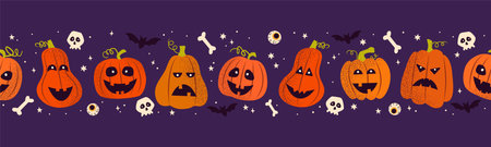 Seamless border in horizontal direction with pumpkins, skulls, bones and bat with textured effect for Happy Halloween. Dark purple background.のイラスト素材