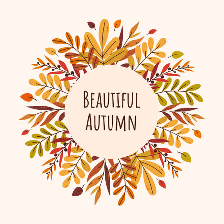 Elegant autumnal round frame with abstract branches and typography. Colorful hand drawn template.のイラスト素材
