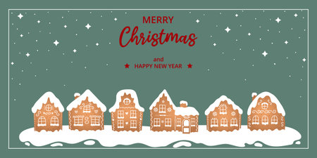 Christmas green background with white frame, gingerbread houses, stars and typography in flat style. For festive banner, cover, invitation, card, label.のイラスト素材