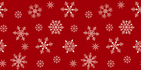 Celebrating red winter seamless horizontal pattern with white geometric snowflakes. For background,...