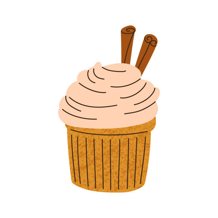 Isolated cupcake with cream and cinnamon sticks. Design element with grunge texture in flat style on...